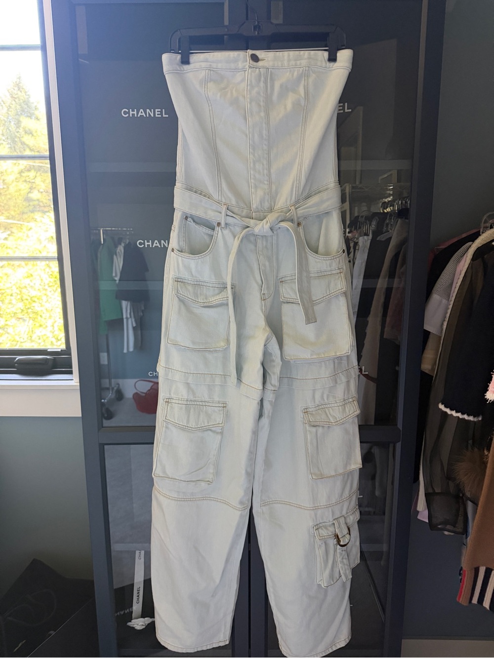 Pinko Pale Blue Strapless Cargo Jumpsuit with Waist Tie